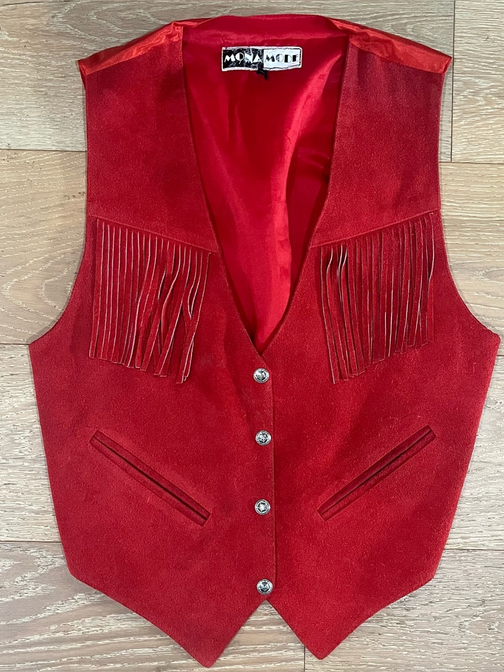 Vintage Mona Mode Red Suede Fringe Western Vest Sz M